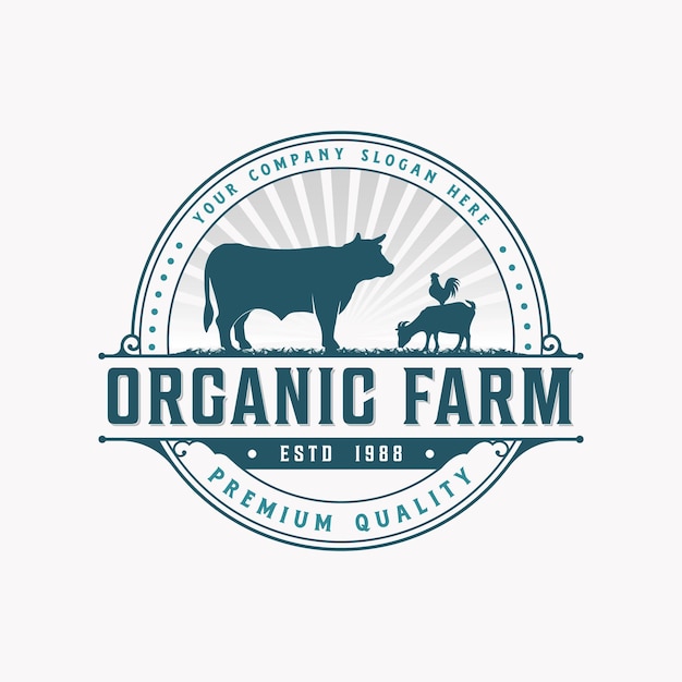 Granja de ganado o granja de vacas ilustración vectorial diseño de logotipo vintage retro