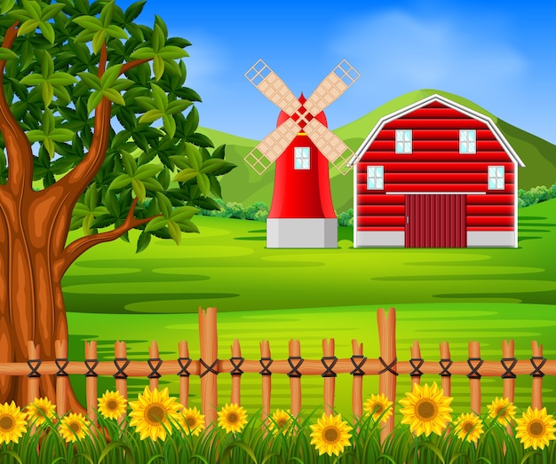 Vector granja con granero rojo y flor