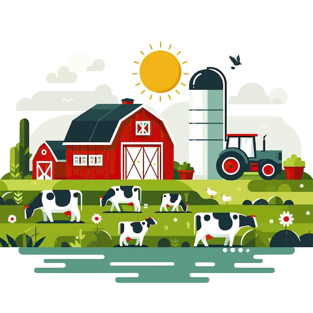 una granja con un granero y vacas en el campo