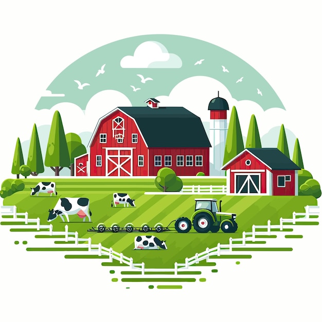 una granja con una granja y un granero con vacas en el campo