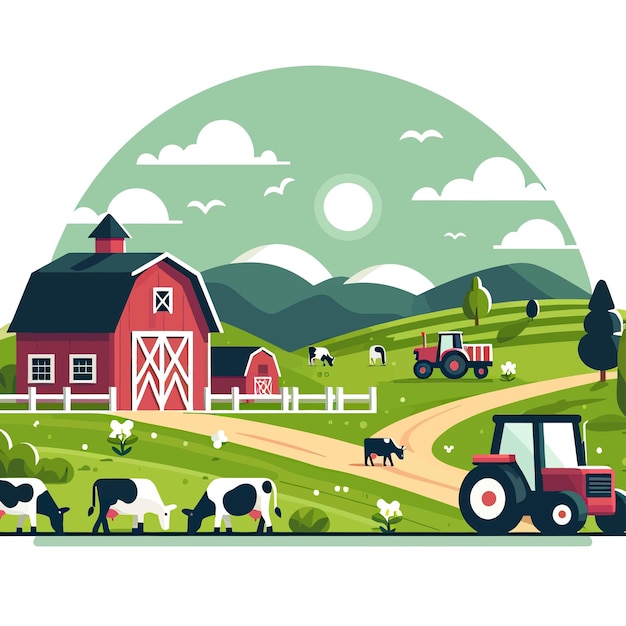 una granja con una granja y una granja con una escena de granja y unha granja con vacas