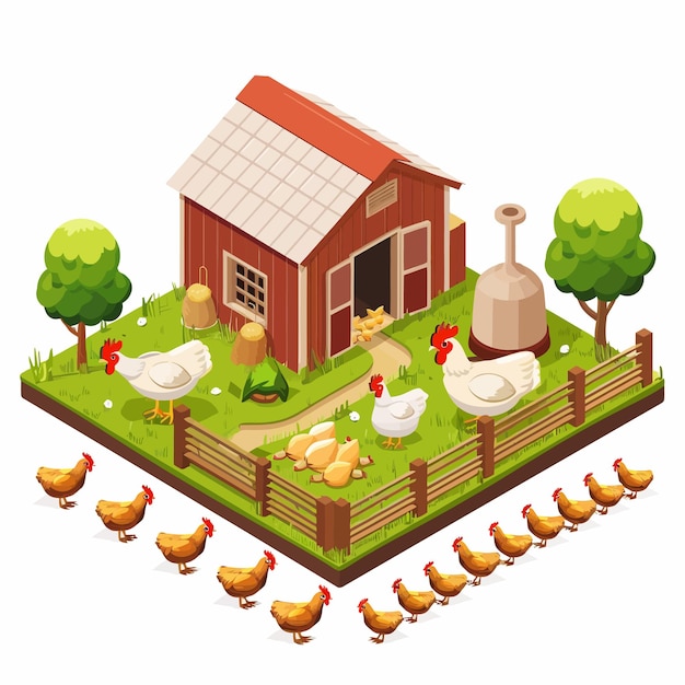 Vector una granja con una granja y una granja con pollos en la valla