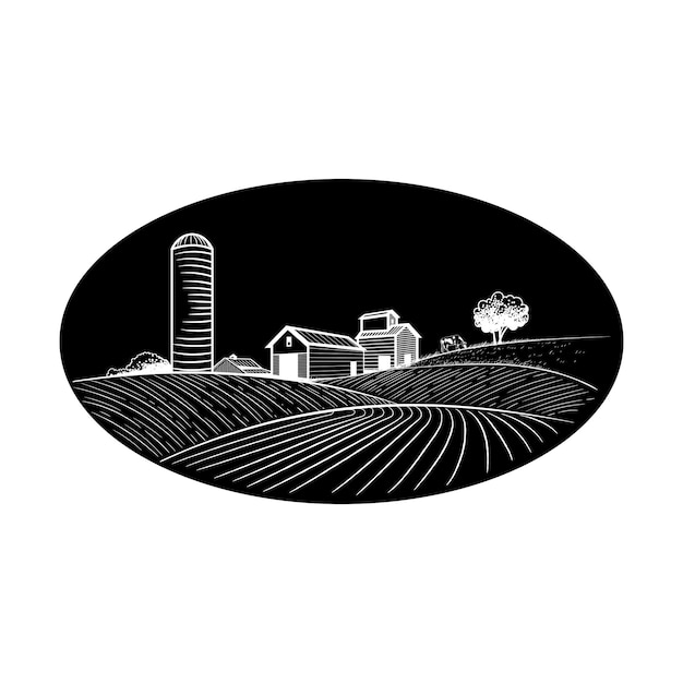 Granja de iconos y torre de agua en los campos Agricultura cultivo de verduras de trigo