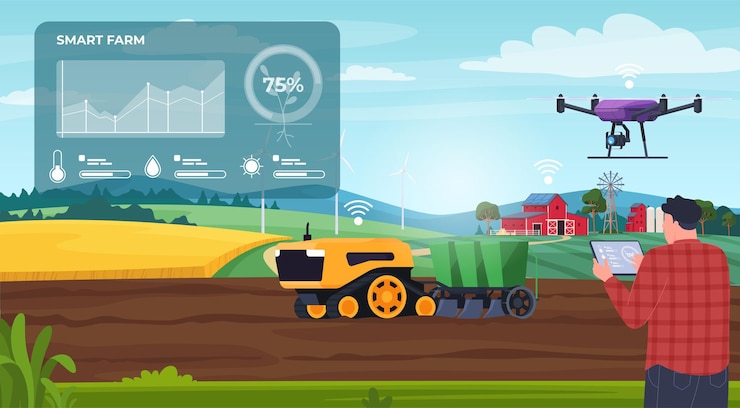 Vector granja inteligente gestión interactiva de procesos de producción agrícola equipo de aldea para labranza ilustración vectorial