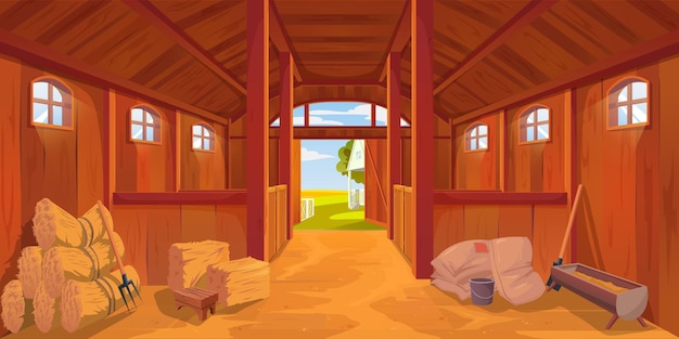 Granja interior estable o granero con piso de arena, vector de dibujos animados pajar pajar en rancho de madera. Casa de campo o interior estable sobre fondo vacío, puestos de caballos o granero agrícola y cabaña de granja