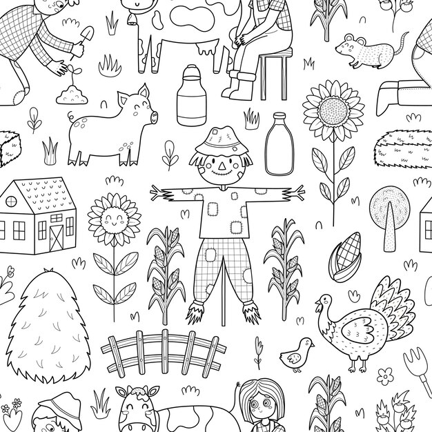 Granja linda en blanco y negro de patrones sin fisuras con espantapájaros, cerdo, vaca, niños granjeros