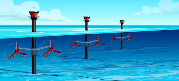 Vector granja marina industria de energías renovables energía generadora de la naturaleza electricidad limpia turbina eólica producción ecológica oceánica moderna estación de agua torre en alta mar ilustración vectorial