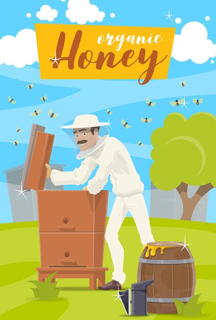 Vector granja de miel apicultor y colmena en colmenar
