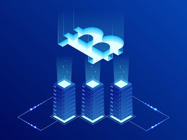 Granja minera de criptomonedas Bitcoin BIT isométrica. Tecnología Blockchain, criptomoneda y una red de pago digital para transacciones financieras. Fondo azul abstracto.