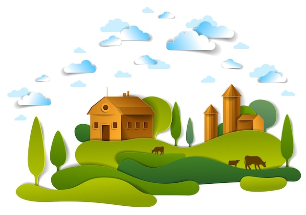 Granja en paisajes escénicos de campos y árboles y edificios de campo de madera, nubes en el cielo, rancho de leche de vaca, ilustración de vector de verano perezoso en estilo de corte de papel.