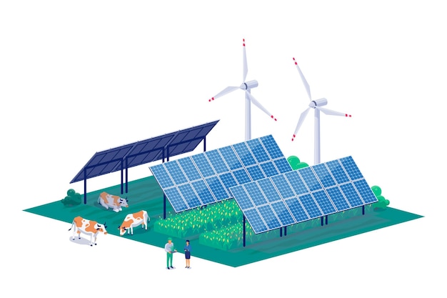 Granja que utiliza paneles solares agrovoltaicos renovables y sistemas de turbinas eólicas