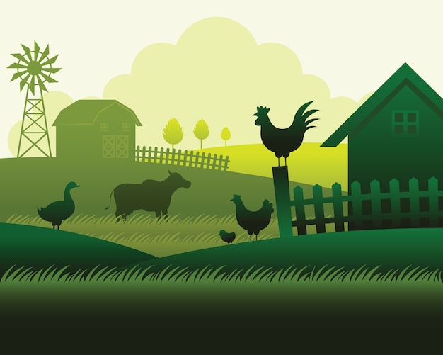 Vector granja con silueta de animales