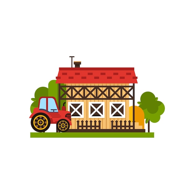 Granja tradicional edificio y tractor campo construcción vector ilustraciones sobre un fondo blanco