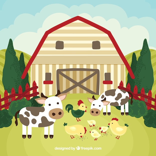 Vector granja con vacas y gallinas