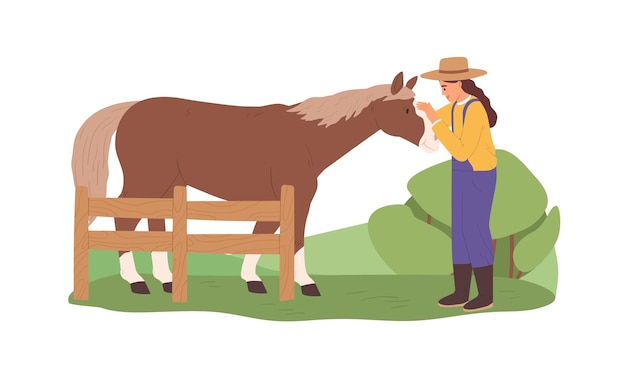 Granjera feliz acariciando un caballo amistoso en la granja en verano. mujer joven y animal doméstico en el pueblo. ilustración de vector plano coloreado aislado sobre fondo blanco.