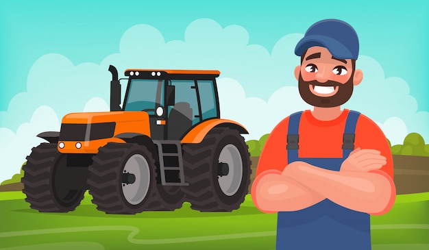 Vector granjero alegre en el fondo de un campo y un tractor. trabajo agricola. ilustración de vector en estilo de dibujos animados