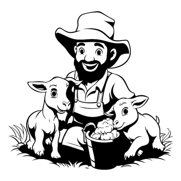 granjero con animales de granja ilustración vectorial en blanco y negro diseño gráfico