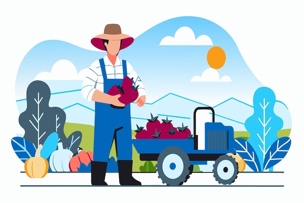 Vector el granjero con una canasta de verduras está de pie junto a un tractor