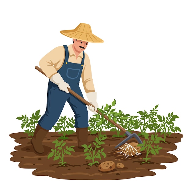 Un granjero cosecha patatas en el campo con una pala para el cultivo de cultivos