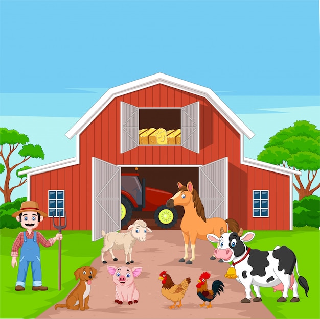 Granjero de dibujos animados y animales de granja en el corral | Vector  Premium