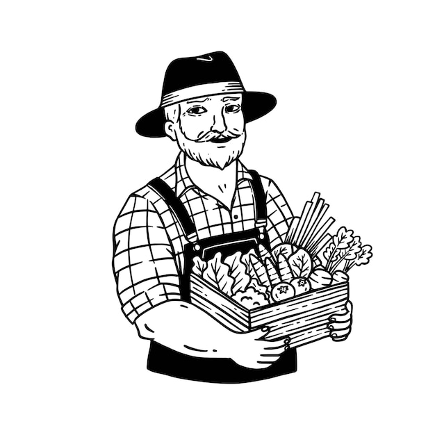 Granjero de Handrawn en la ilustración de arte de línea de estilo vintage aislado en blanco