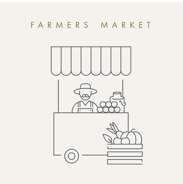 Granjero de ilustración vectorial venta de sus productos orgánicos y naturales. Comida orgánica y cultivada localmente.