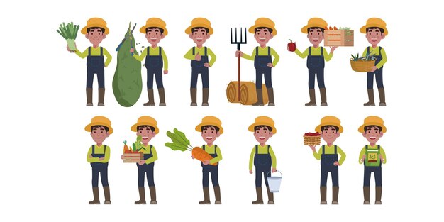 Granjero y jardinero con diferentes poses.