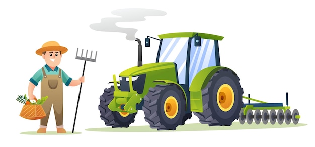 Vector granjero lindo del muchacho que sostiene las verduras orgánicas y la azada del tenedor al lado de la ilustración del tractor