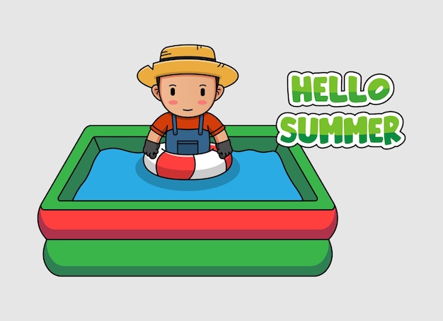 Granjero lindo nadando con pancarta de saludo de verano hola