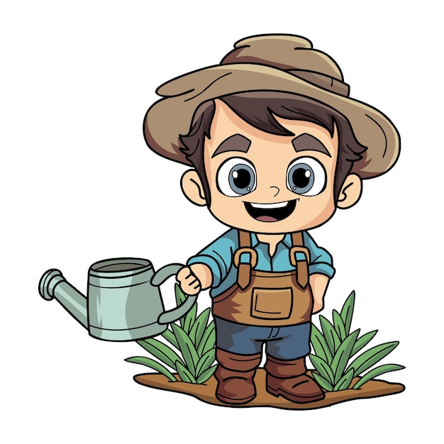 Granjero masculino feliz con una ilustración de personaje de regadera en estilo garabato