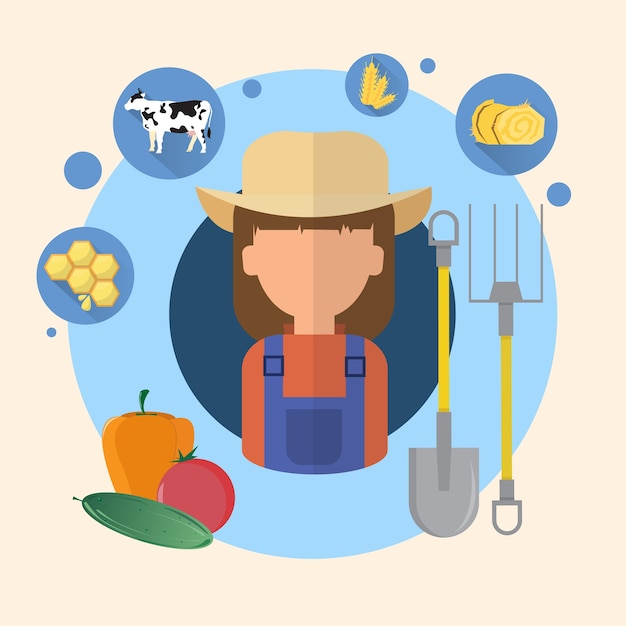 Vector granjero, mujer, agricultura, icono