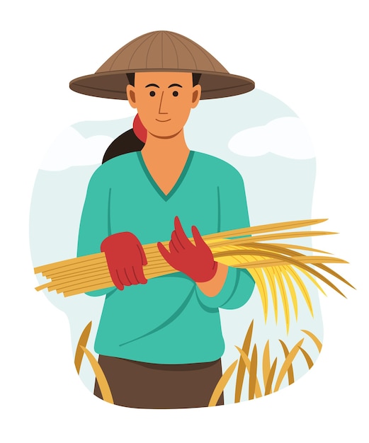 Vector granjero de mujer asiática mantenga el arroz seco