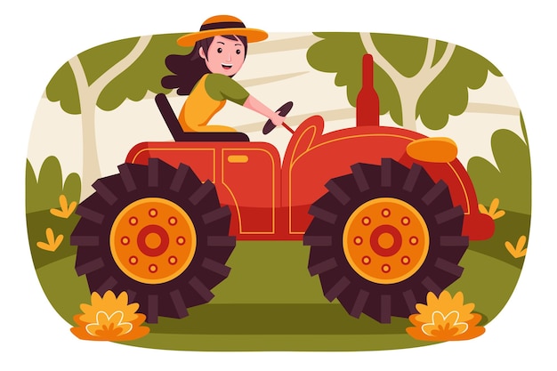 Vector granjero de mujer feliz conduciendo tractor en el gardern.