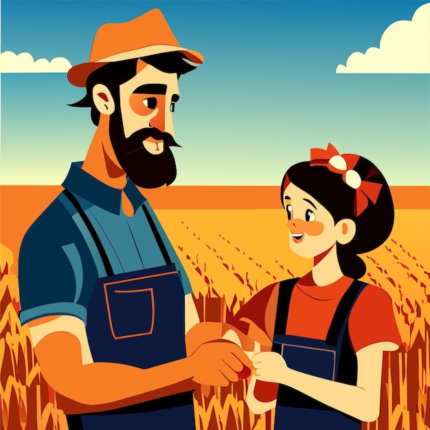 Vector granjero padre e hija cosecha dibujado a mano plano elegante pegatina de dibujos animados icono concepto aislado