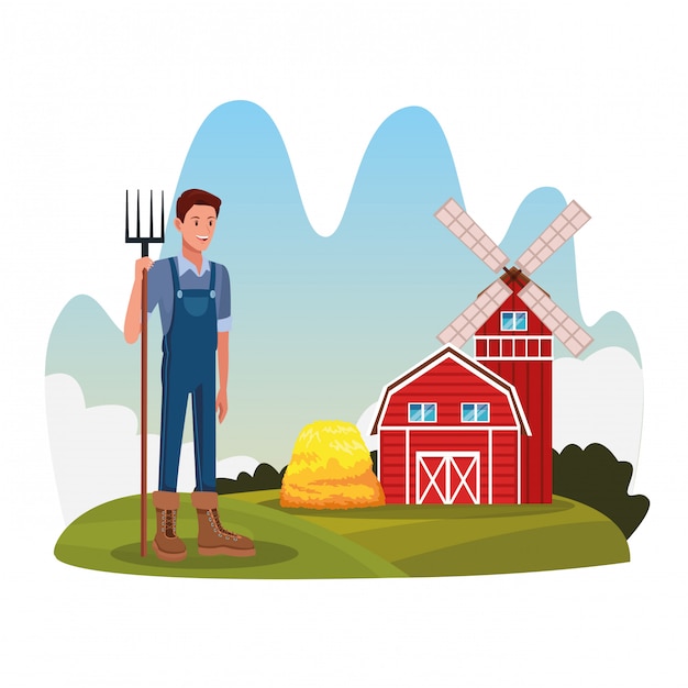 Granjero en el paisaje de dibujos animados de granja rural