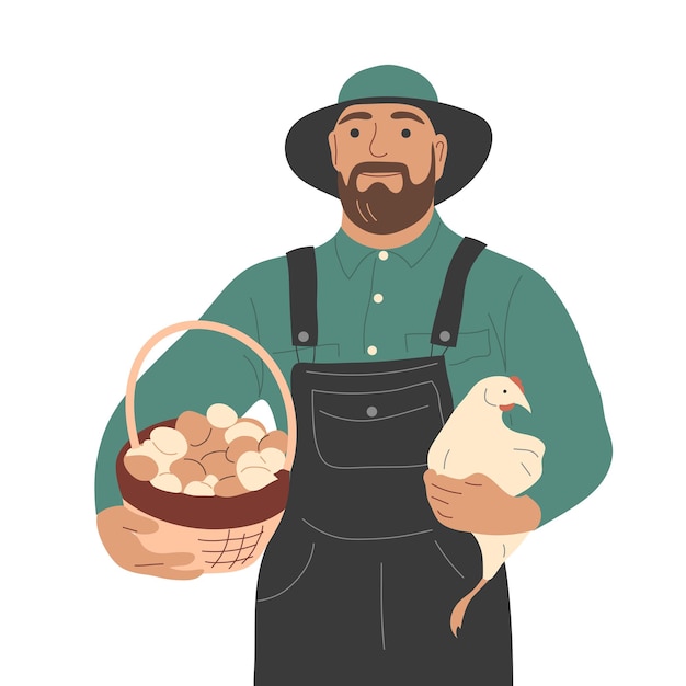 Un granjero con un pollo y una canasta de huevos en sus manos Vector ilustración plana sobre un fondo blanco