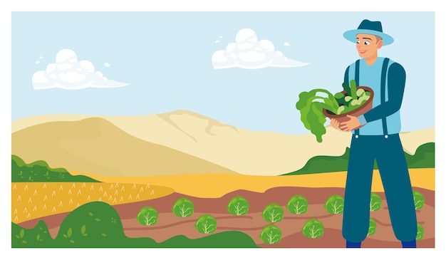Un granjero recoge verduras en un campo agrícola