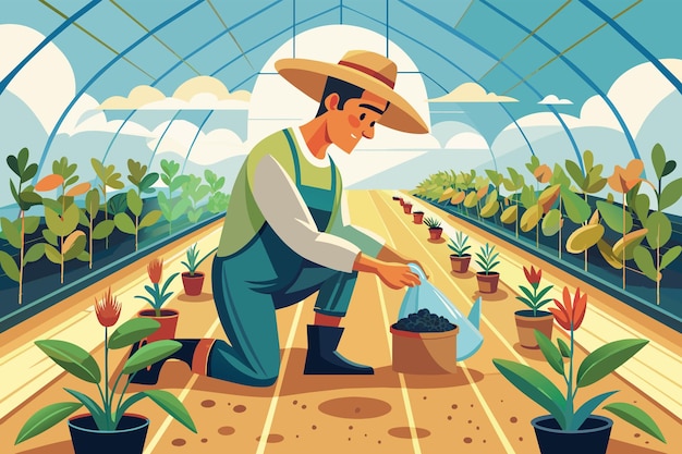 Vector un granjero regando a mano las delicadas plántulas en un invernadero y cuidando su crecimiento con ternura