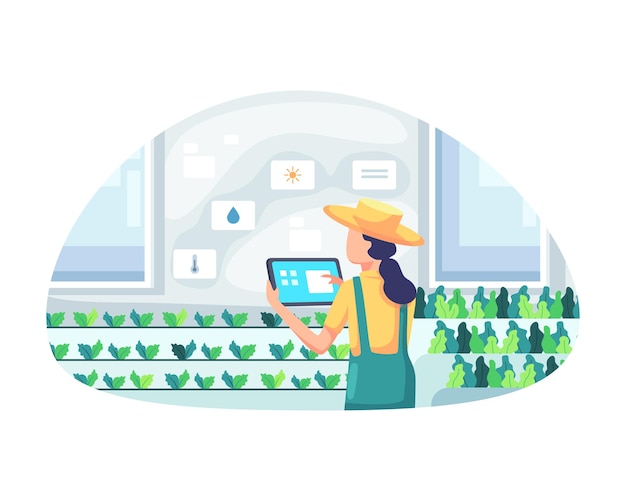 Granjero de sexo femenino joven que sostiene la tableta que controla las verduras. Concepto de agricultura inteligente y sofisticado, gestión de una granja en un invernadero. Agricultura moderna con automatización. Ilustración de vector de estilo plano