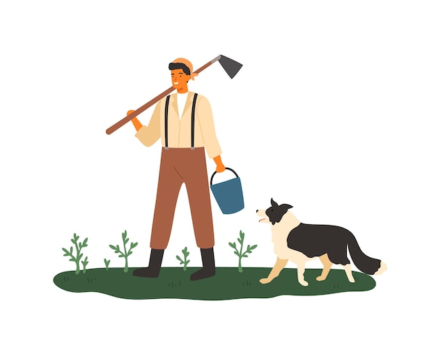 Granjero de sexo masculino lindo que sostiene la ilustración plana del vector de la azada y del cubo. trabajador agrícola sonriente de pie con perro sobre hierba verde con plantas aisladas en blanco. hombre agronómico en tierras de cultivo.