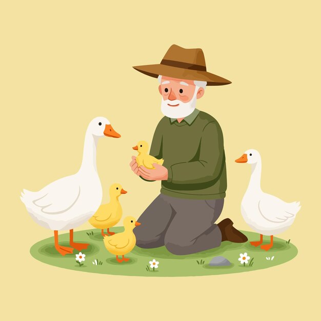 Un granjero sostiene a un pato bebé con gansos y patitos