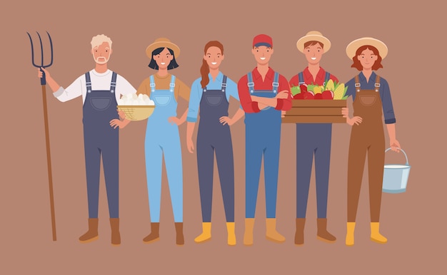 Vector granjeros y personajes de la cosecha, trabajadores agrícolas.