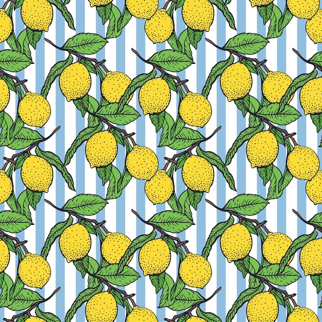 Grano de limón patrón sin costuras Frutas amarillas Hojas verdes Rayas azules Etiquetas de cosméticos de alimentos Textiles