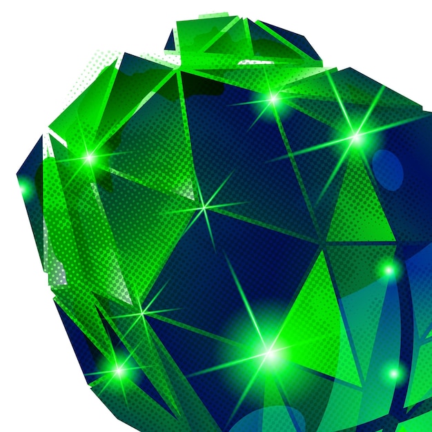 Grano de plástico aficionado con plantilla geométrica dimensional colorida, fondo punteado sintético brillante.