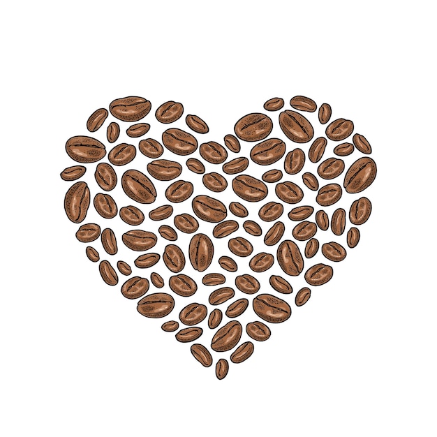 Granos de café composición en forma de corazón Vintage vector color grabado