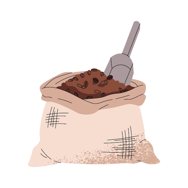 Granos de café en saco de lienzo Ilustraciones vectoriales planas aisladas sobre un fondo blanco