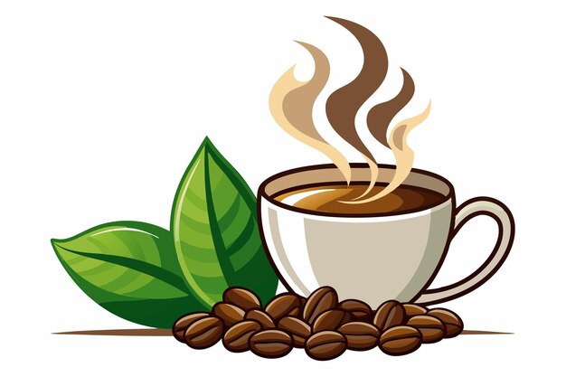 granos de café y vapor de taza F