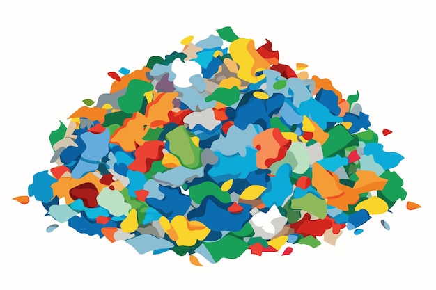Gránulos de plástico triturados reciclados Material reutilizado multicolor sobre un fondo blanco