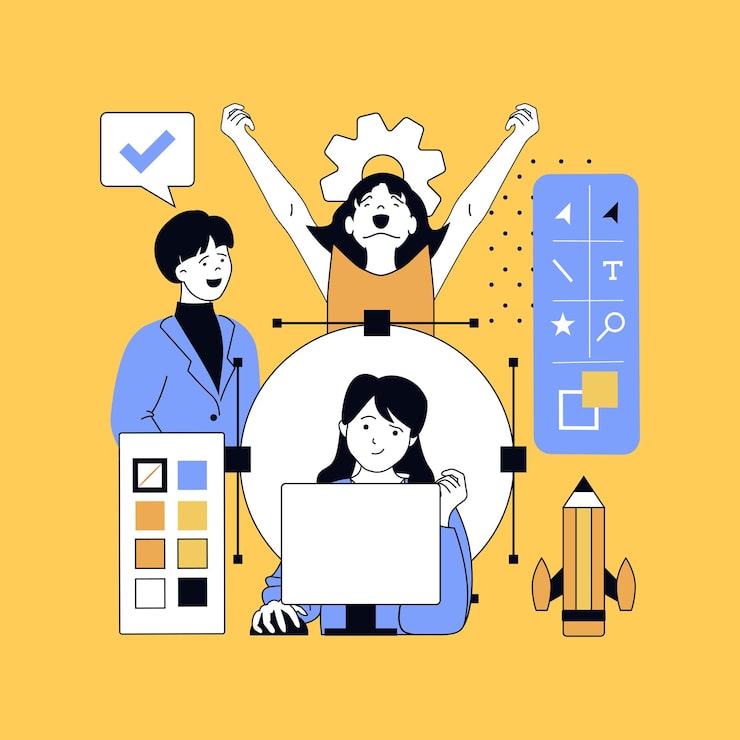 Vector graphic web design concept for modern website design people creating wireframe layouts coding on platform drawing content elements working with project colours and settings vector illustration