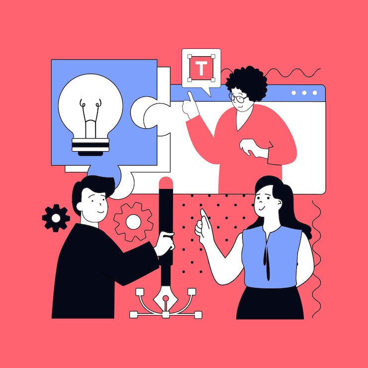 Vector graphic web design concept for modern website design people working in team and networking finding creative ideas creating layouts and templates coding and drawing content vector illustration